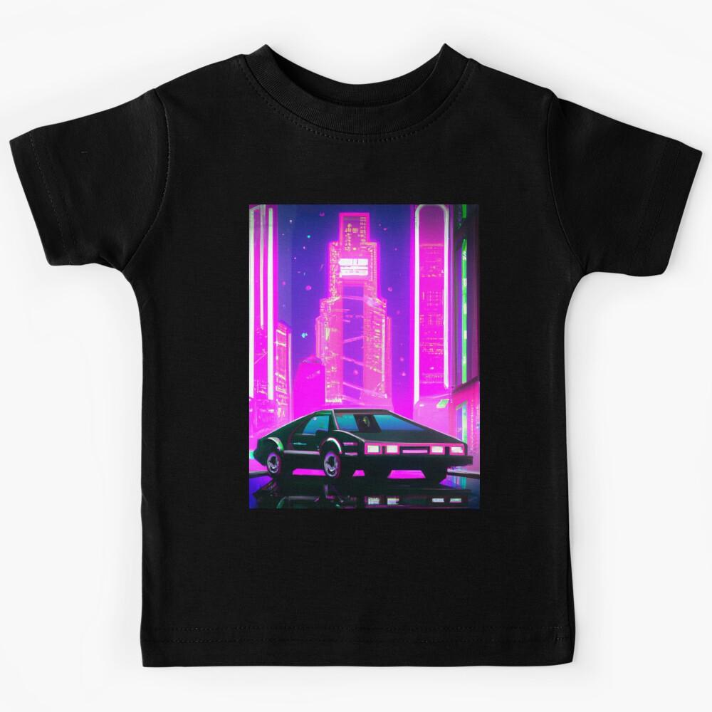 Retrofuturistic cyberpunk car and a skyscraper Kids T-Shirt 150