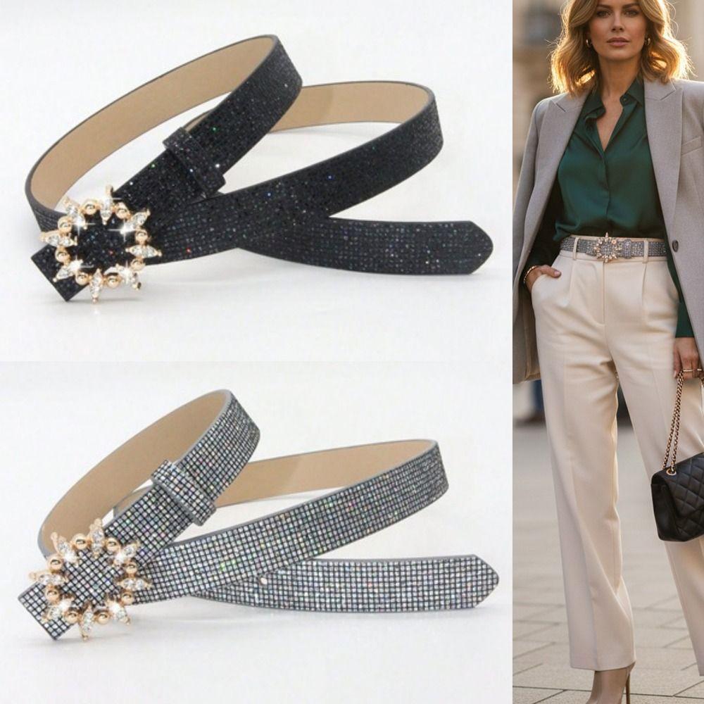 Fashion Bling Bling Sparkling Rhinestone Belt Versatile Luxury Brand Design Slide Buckle Belt Glitter PU Leather Belt Women