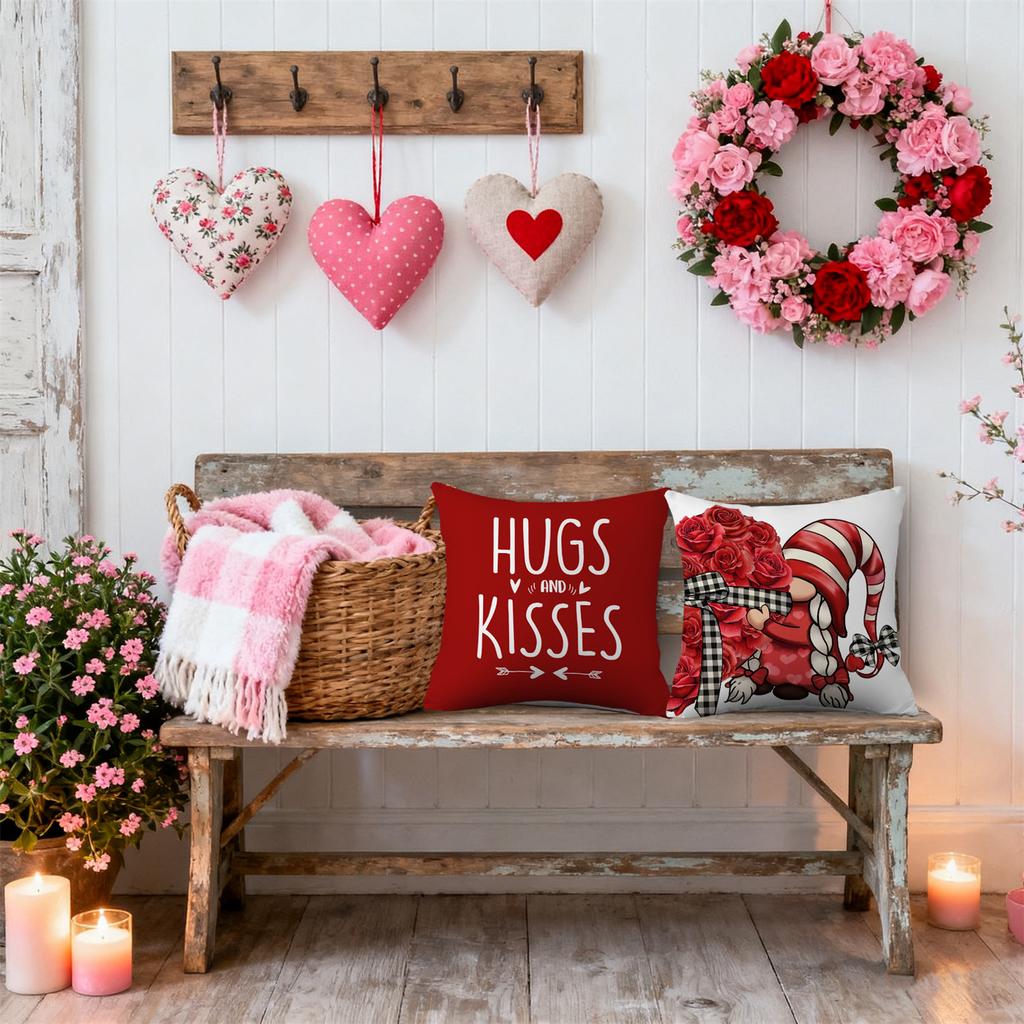 4pcs Valentine'S Day Throw Pillow Covers - Hugs and Kisses Gnome Rose Heart Design, Zip Closure, Polyester 100., Contemporary Style