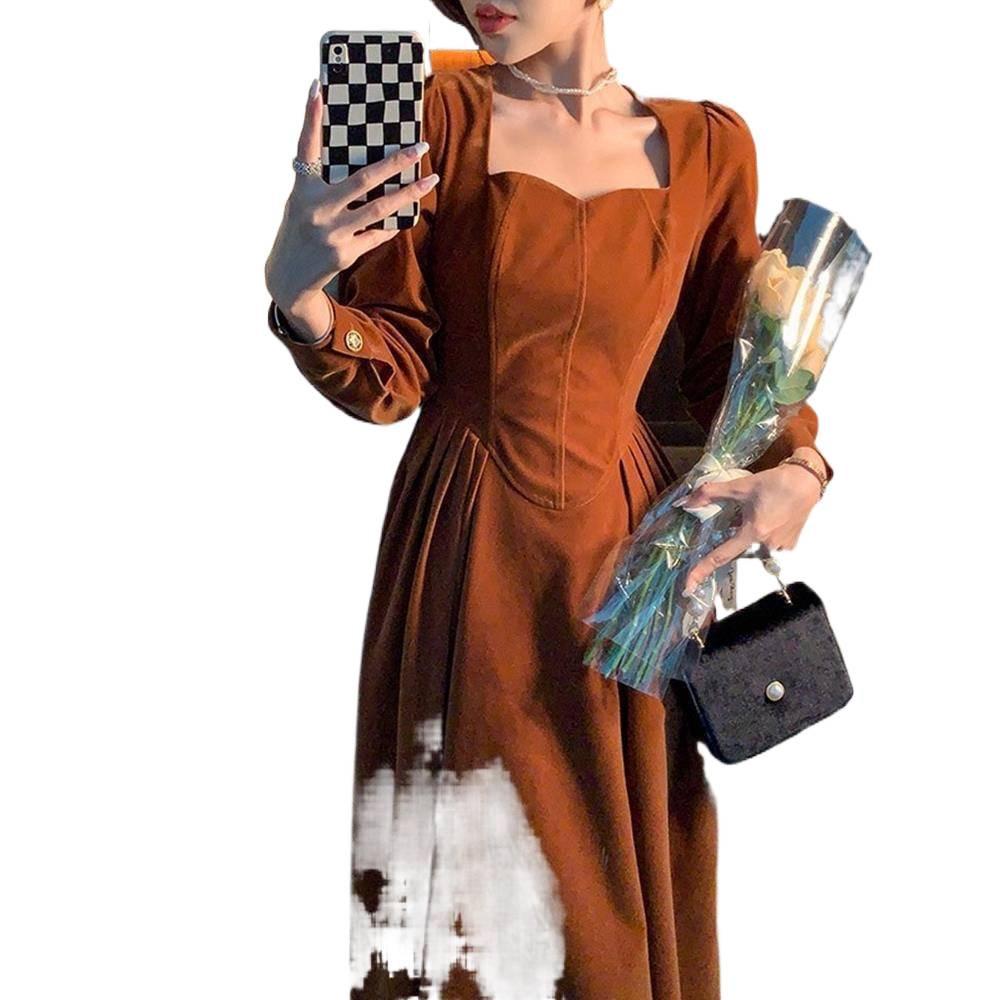 French Retro Hepburn Style Gold Velvet Long Sleeve Dress for Women - Autumn/Winter