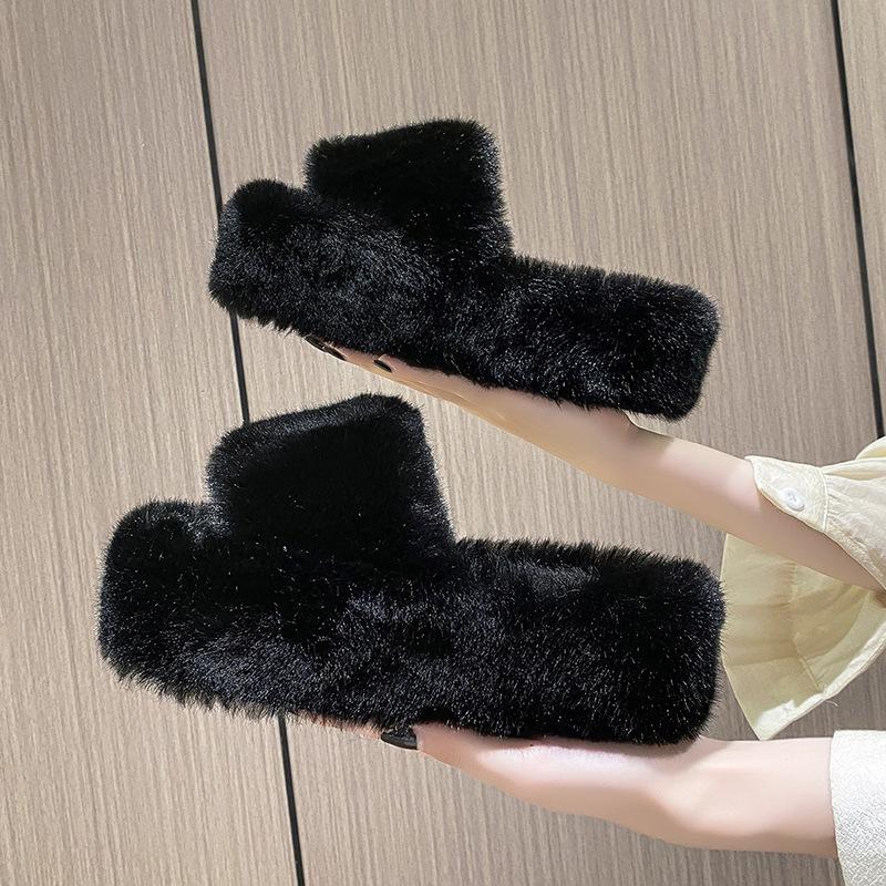 Height-increasing thick-soled fluffy slippers women's autumn and winter outer wear fluffy shoes one-word ins home home plush drag spring and summer