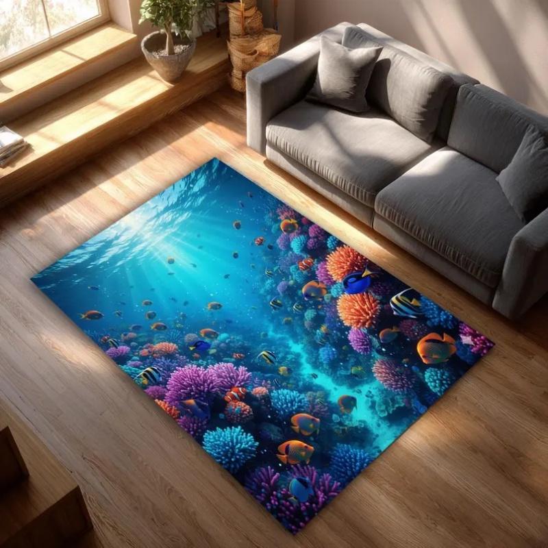 Underwater Ocean Koi Fish Area Rug Non-Slip Washable Soft Floor Mat Tropical Coral Sea Carpet for Living Room Bedroom