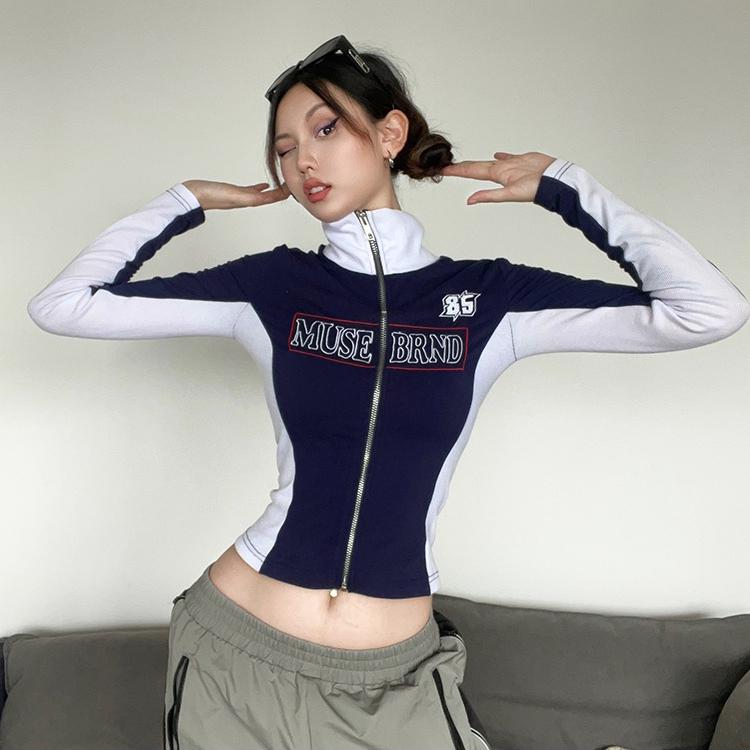 American retro casual style contrasting letter printed zipper jacket for women, slim versatile short top for women Cardigan coat