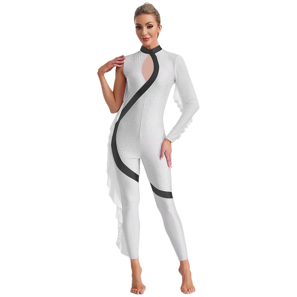 Dame Jumpsuit med metallisk fargeblokk Mock Neck Skinnende rhinsteiner Hel kroppsleotard Ytelse Danseklær