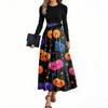 Women's Fashion Casual Belted Long Sleeve Round Neck Halloween Printed Elegant Temperament Dresses