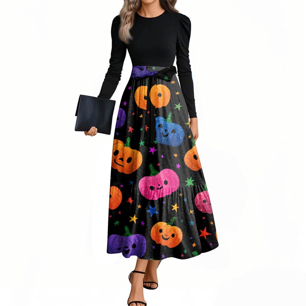 Women's Fashion Casual Belted Long Sleeve Round Neck Halloween Printed Elegant Temperament Dresses