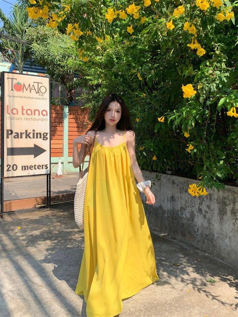Seaside Resort Yellow Backless Spaghetti Strap A-line Summer Dress for Women