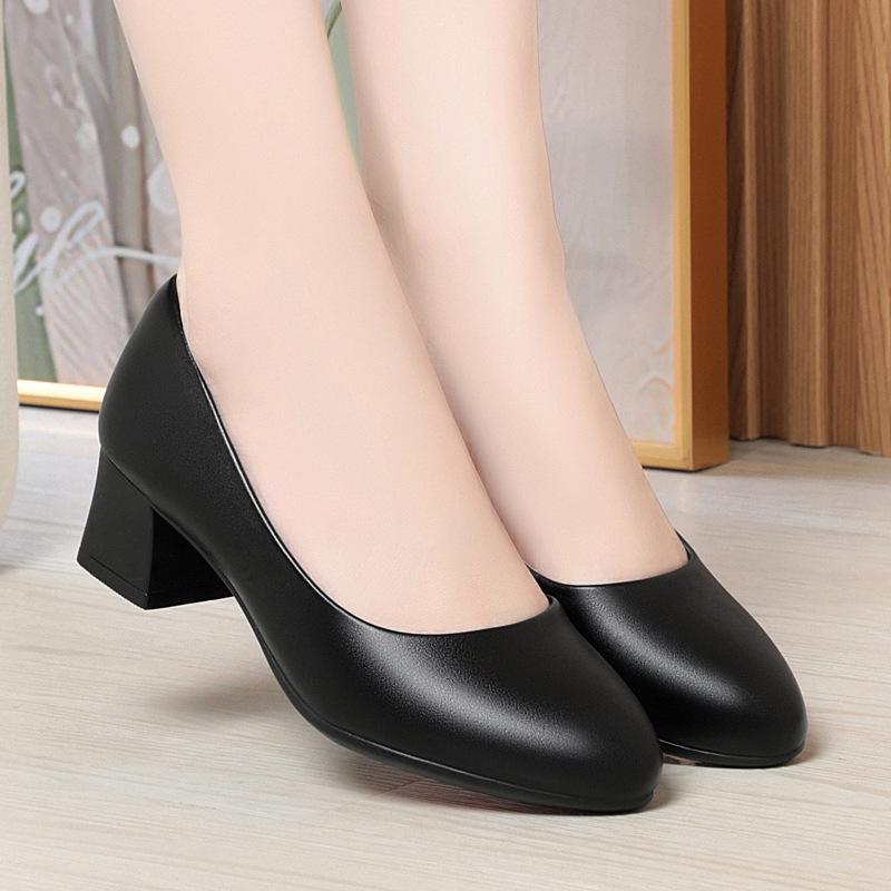 Spring new single shoes flight attendant women's shoes soft sole dress professional work shoes comfortable soft leather thick heel leather shoes