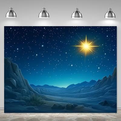Religious Star of Bethlehem Tapestry, Blue Night Sky and Desert Mountains
