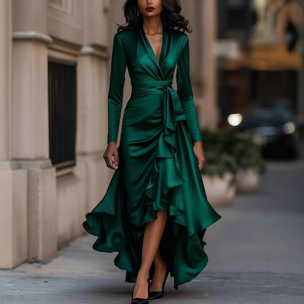 Cross-border Foreign Trade 2026 European and American Spring and Autumn New Amazon Satin V-neck Waist Temperament Ruffle Edge Dress Women