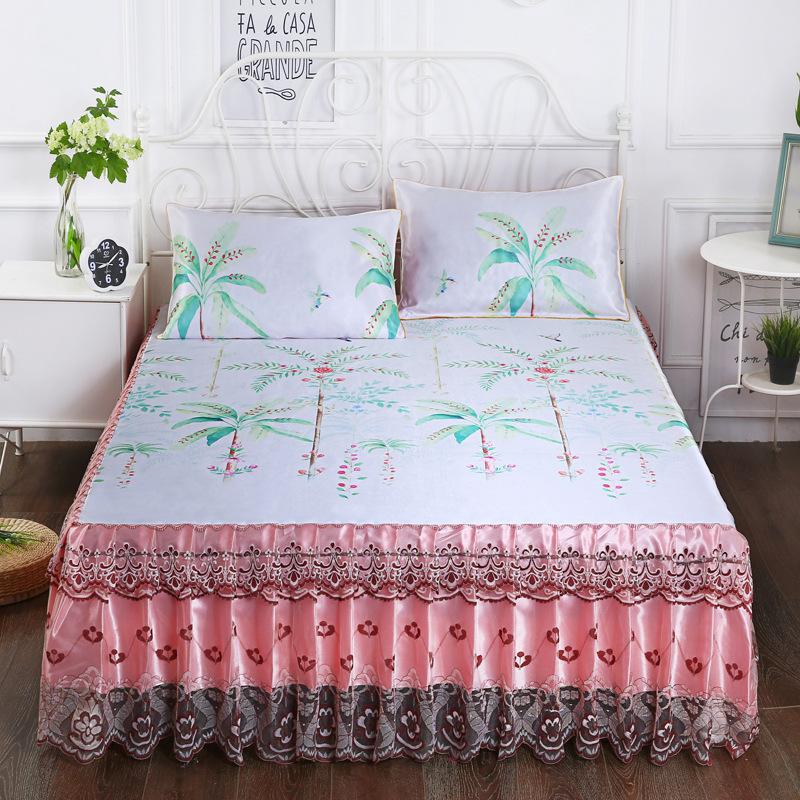 3-teilige Kühlmatte, Spitzen-Bettrock, Eismatte, moderne Bettüberwürfe, hautfreundliches Bettwäsche-Set, Stoff für Queen-Size-Betten mit Kissenbezug