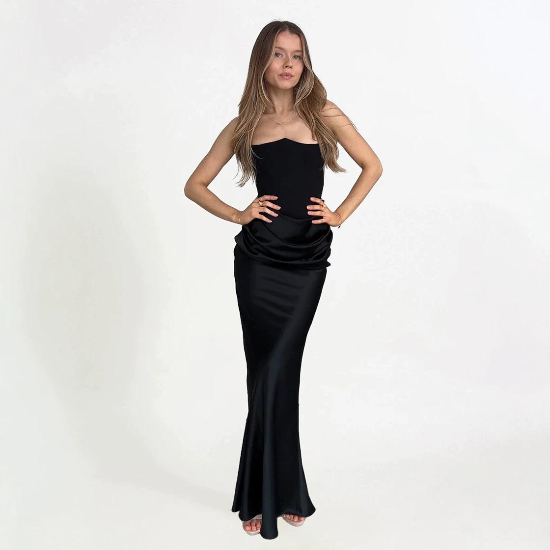 

New red tube top fishbone sexy slim fishtail fishtail dress long solid color dress women S