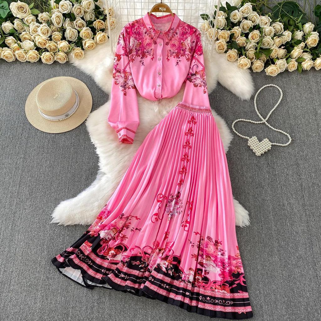 European Retro Single-Breasted Lapel Shirt & High-Waisted Pleated Skirt Set