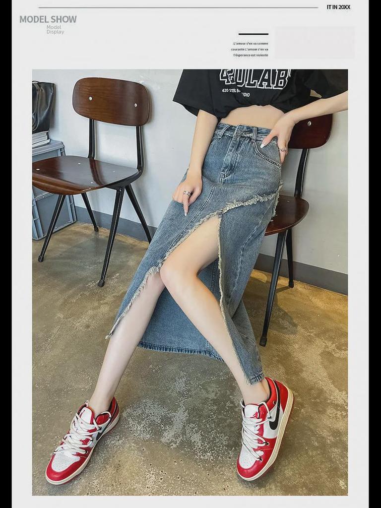 High Waist Irregular Slit Denim Skirt - Women's Black/Gray A-Line Hip Skirt with Raw Edges