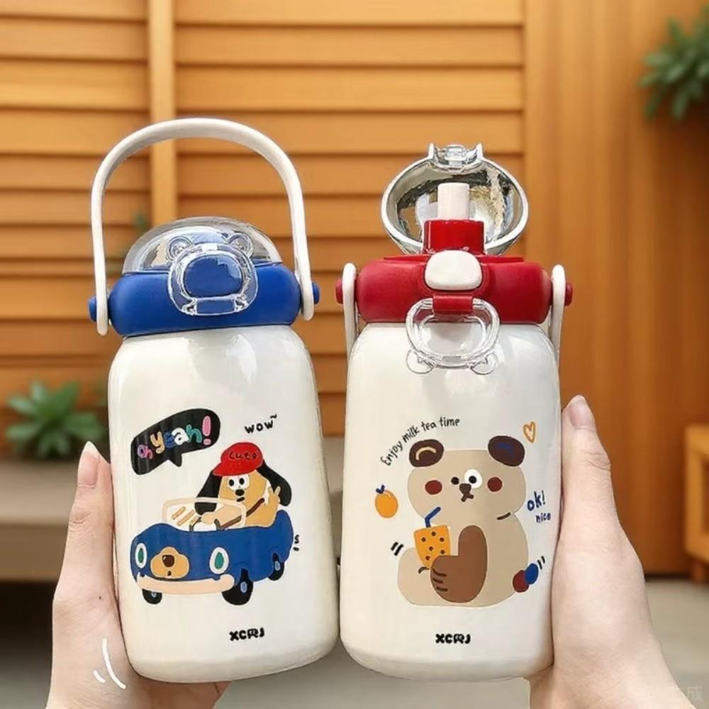 Large Capacity Vacuum Cup Double Drinking Straw Coffee Cup Cute Student Water Cup  for Children