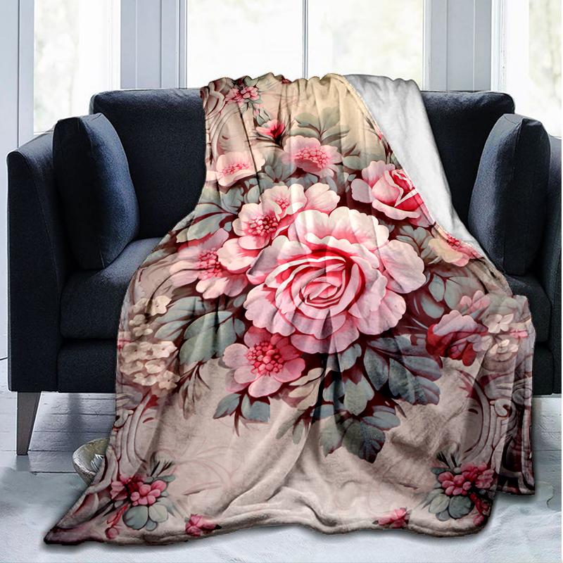 Floral Bouquet Print Flannel Blanket, Soft Warm Lightweight Throw Blanket for Living Room,Sofa Bed Camping Office