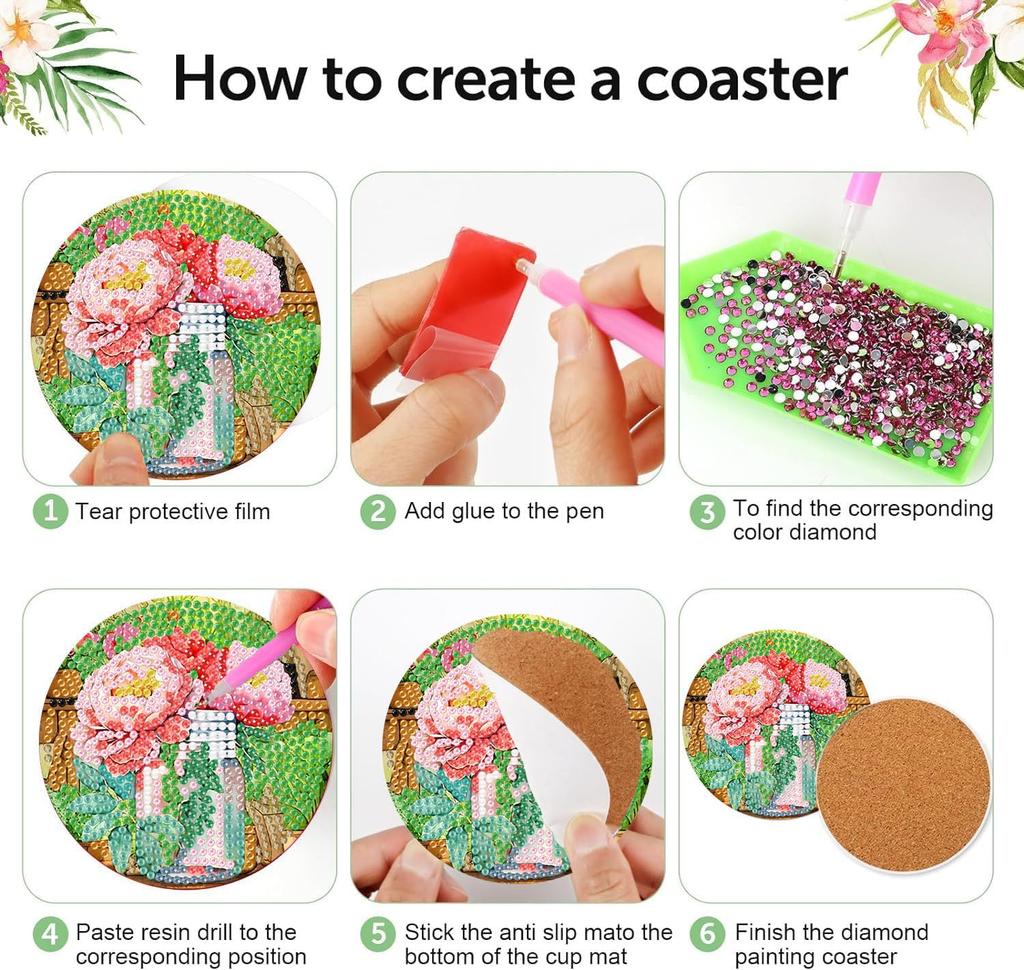 Mrpwnle 8-Piece Diamond Art Coaster Kit - Flower Diamond Painting Coaster Kit with Holder, DIY Flower Diamond Art Coaster Kit for Beginners, Adults,