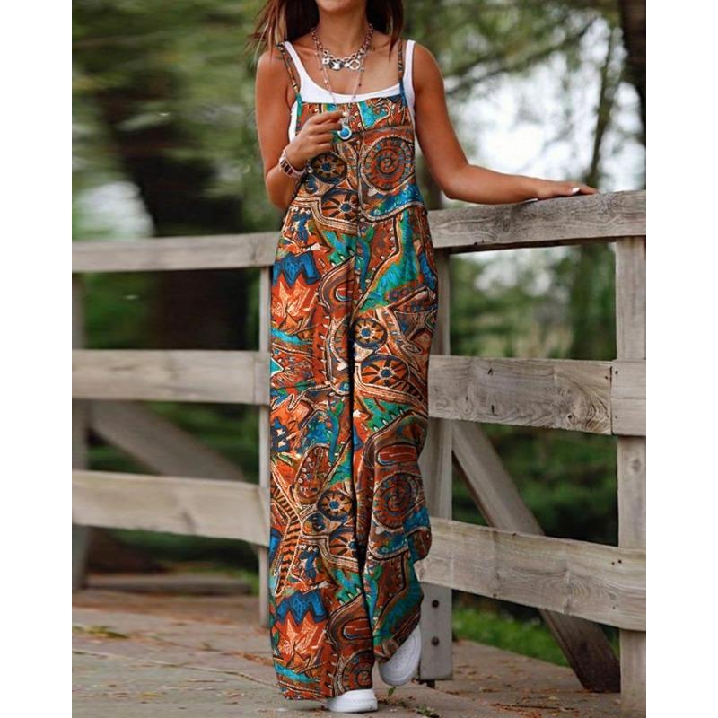 Women's Fashion Printed Camisole Pocket Wide Leg Jumpsuit