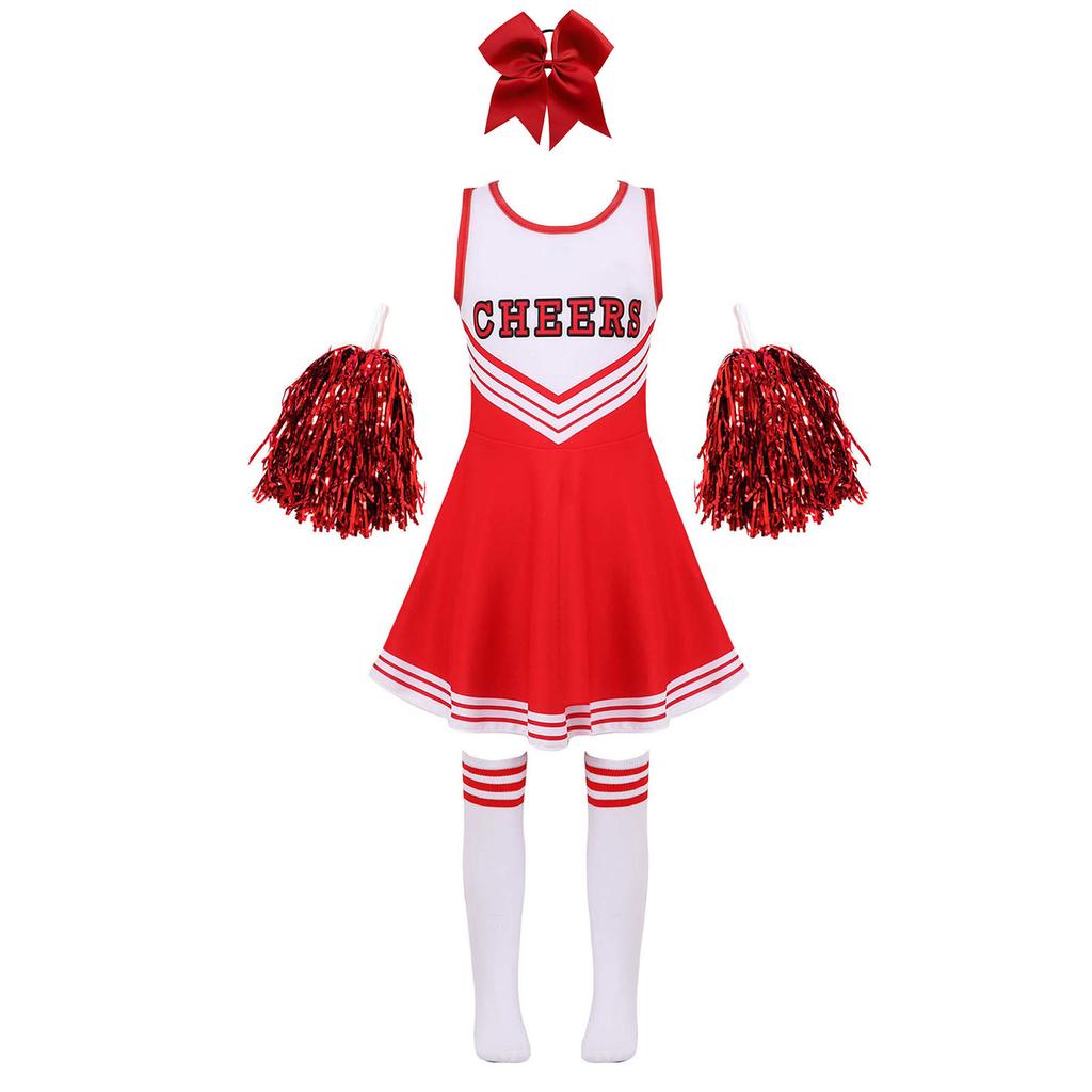 Dívčí kostým roztleskávačky Školačka Uniforma Karnevalový večírek Halloween kostýmní šaty s bambulkami na hlavu Ponožky