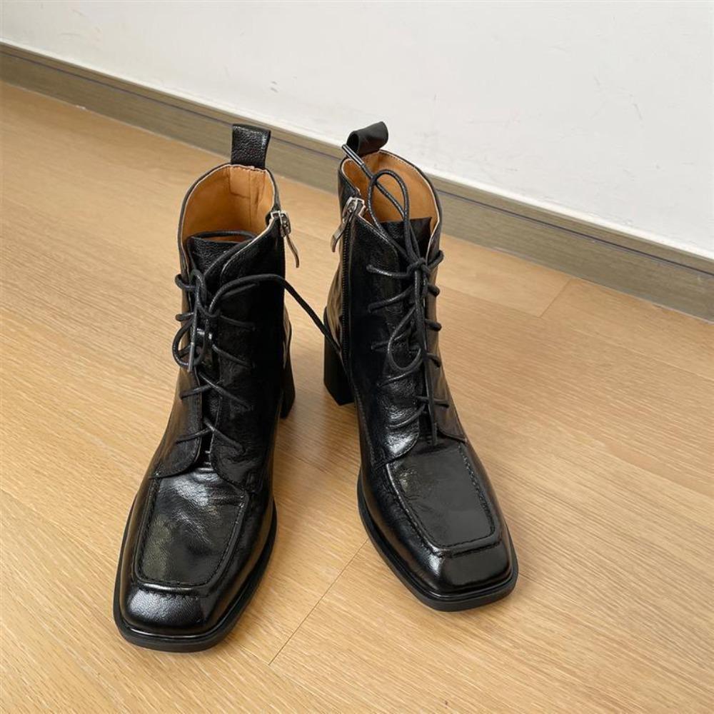 Quiet Sole Soft Leather Ankle Boots Women's Autumn Winter Thick Heel High Heel Lace-up Ankle Square Head High Heel Short Boots