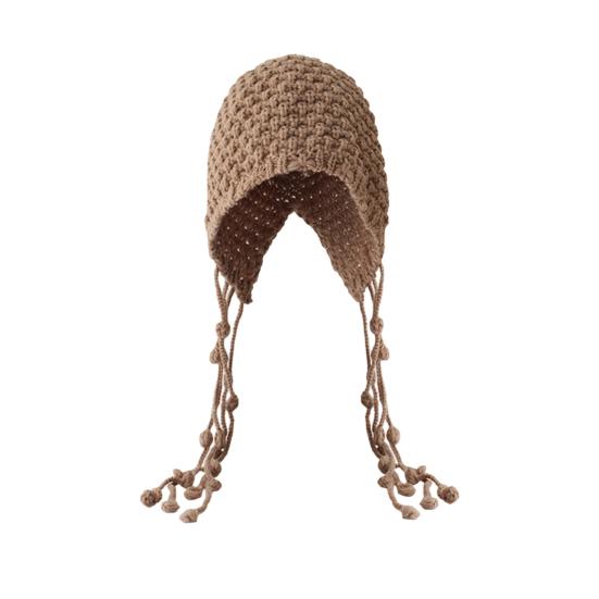 Women Crochet Slouchy Skull Cap with Tassel Handwoven Textured Knit Hat Ethnic Style Fringed Hat for Autumn Winter