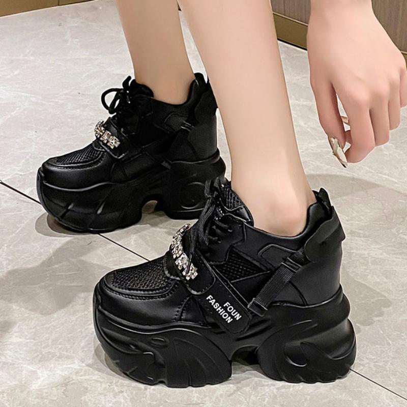 

Кроссовки на толстой подошве, повседневные вулканизированные туфли, женские кроссовки на высокой платформе из дышащей сетки, 10 см, женские спортивные туфли для папы 39 чёрный