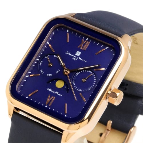 Salvatore Marra Men's Square Moon Phase Watch with Multi-Calendar, Water Resistant, Leather Strap, Limited Edition, Pink Gold and Blue, SM24112-PGBLLE