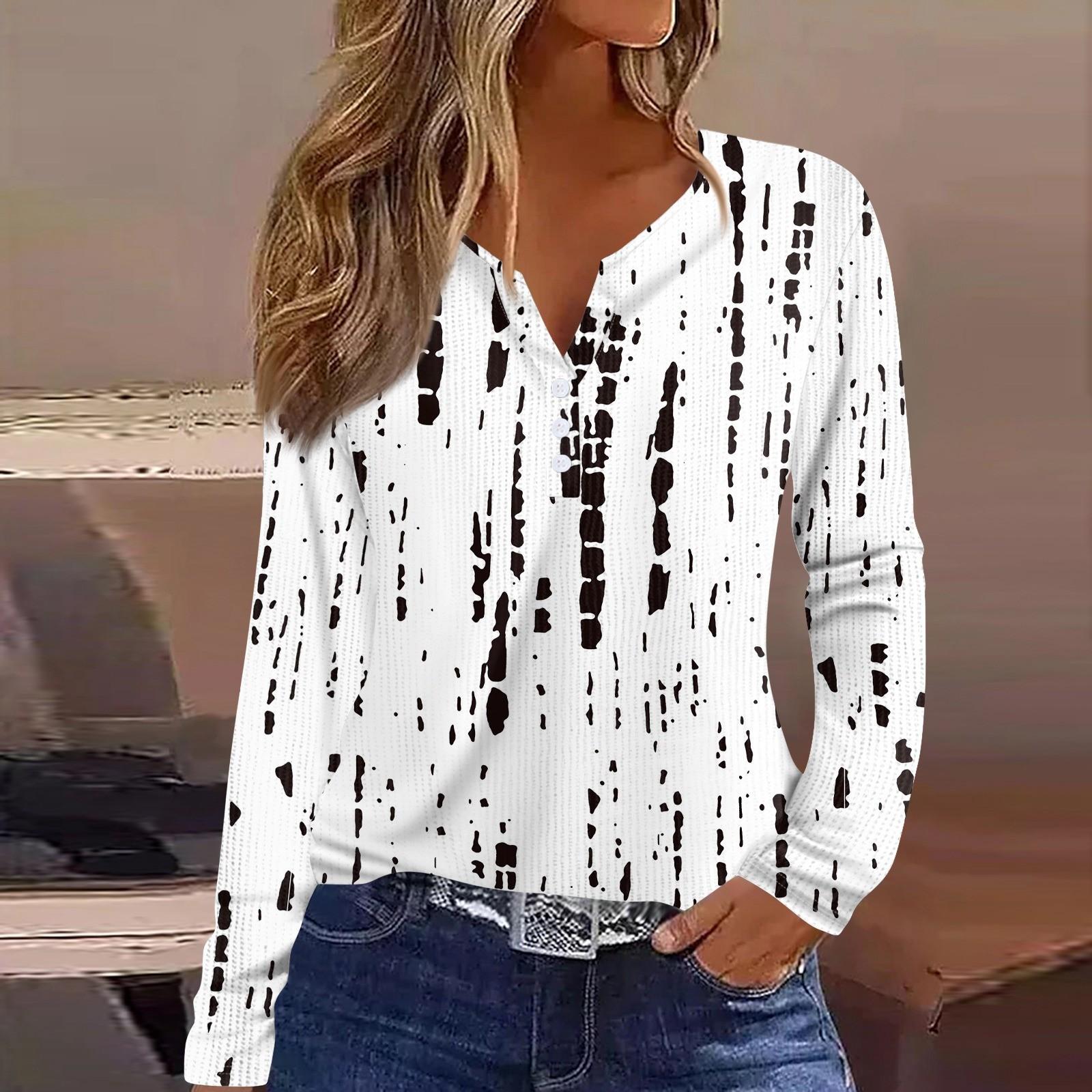 

Женская футболка с принтом на пуговицах, длинный рукав, вязаный свитер, повседневный, модный, на выходные, базовый, с V-образным вырезом, обычный топ XL белый