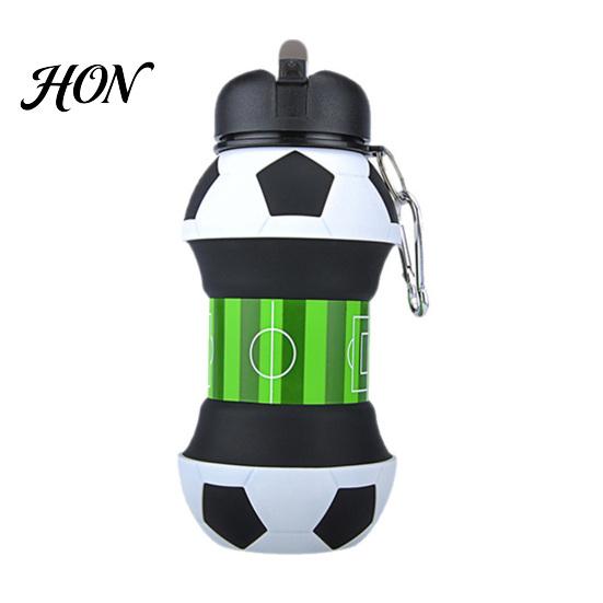 Portable Sports Cup Collapsible Silicone Ball Water Bottle, 550ml Foldable Football Bottle with Heat Resistant Mug Climbing Buckle, Leak Proof