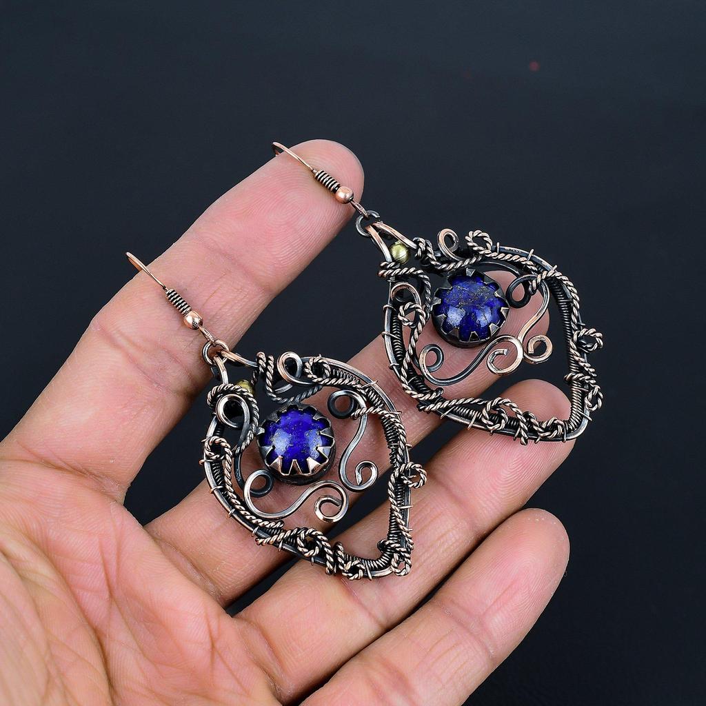 Lapis Lazuli 999 Copper Wire Wrapped Earrings, Handmade Gemstone Earrings Jewelry, Gifts For Wife Brand New Earrings