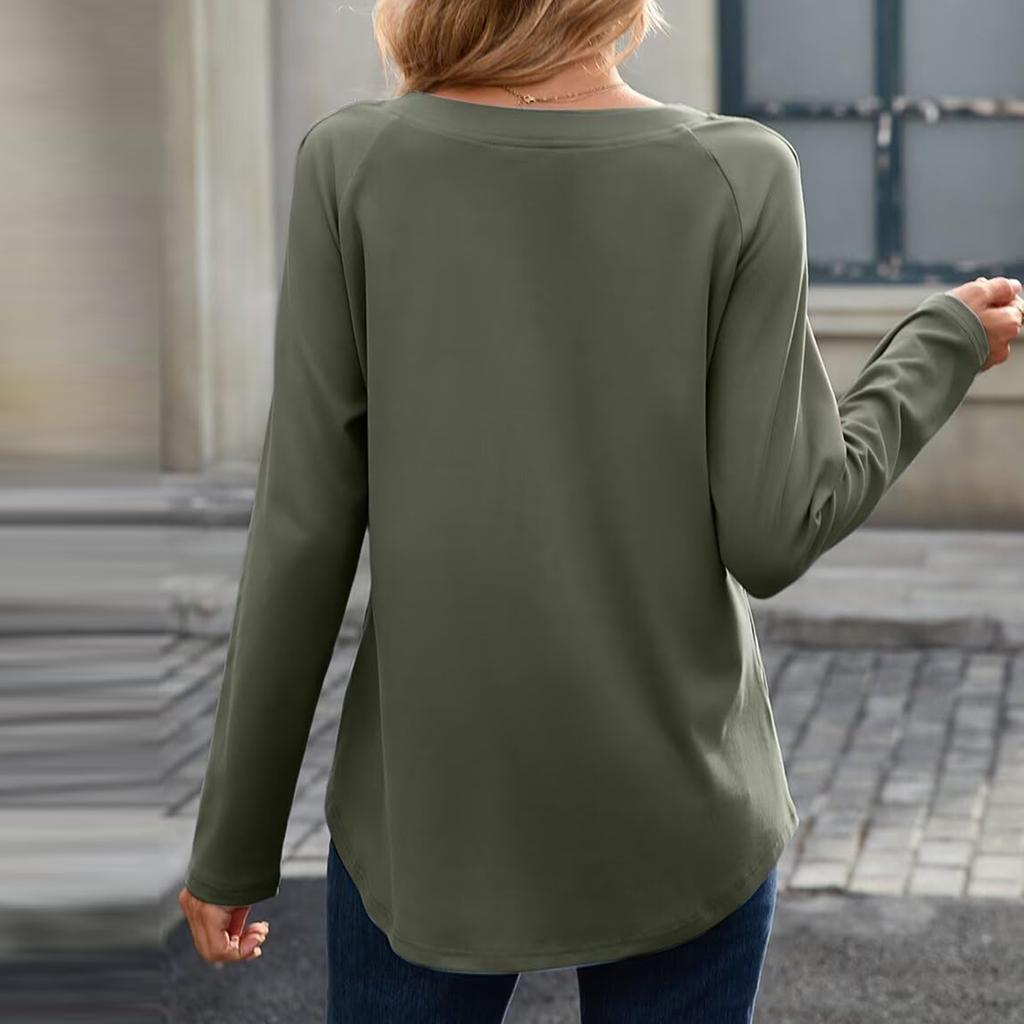 Women's Fashion Solid Colour Casual Loose-Fit V-Neck Versatile Comfortable Long-Sleeved Top