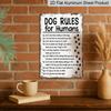 2D Flat, Funny Dog Rules Metal Sign - Waterproof Bathroom Decor with Paw Prints - Vintage Black Pet Owner Gift for Living Room, Office, for Man Cave