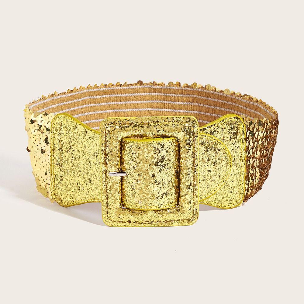 Shiny Blingbling Sequin Cummerbunds Metal Square Buckle Wide Belt  Decorative Jeans