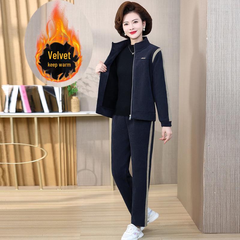 Mom's Autumn Fleece-Lined Sportswear Set for Middle-Aged & Elderly Women
