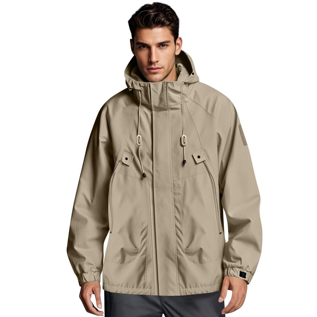 Men Solid Stripe Rain Jacket Outdoor Plus Waterproof Hooded Raincoat Windproof
