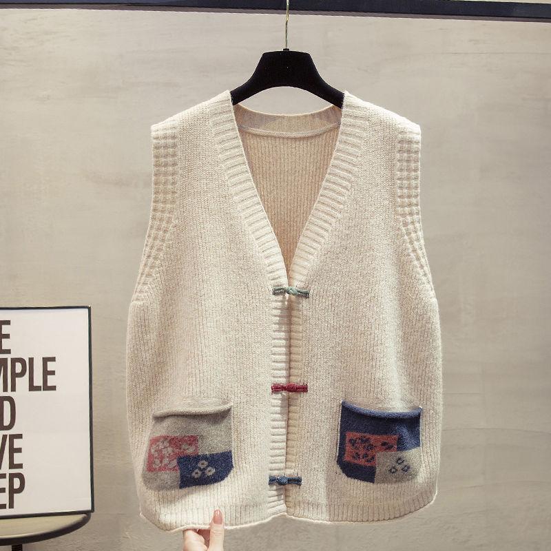 Chinese Style Outer Wear V-Neck Cardigan Knit Vest Women's Autumn Winter Sleeveless Sweater Cardigan