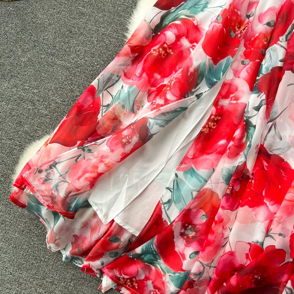 Summer Off Shoulder Gorgeous Flower Holiday Chiffon Dress Women Slash Neck Floral Print Elastic Waist Long Robes