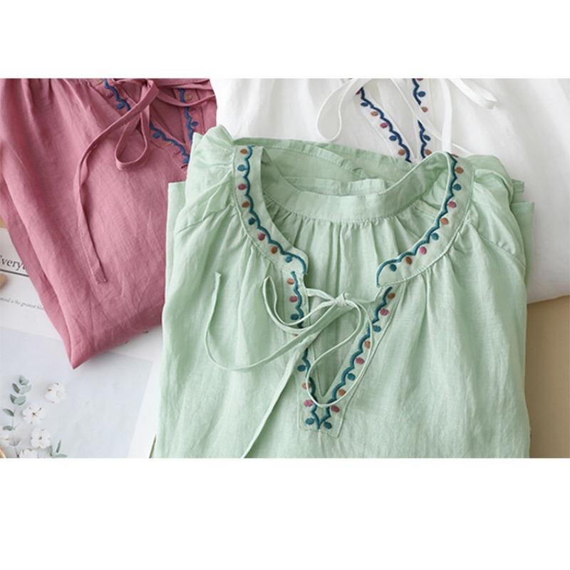 New Embroidered V-neck Summer Women Blosue Short Sleeve Loose T-shirt Ladies Sweet Solid Color Lace-up Shirts Office Clothing