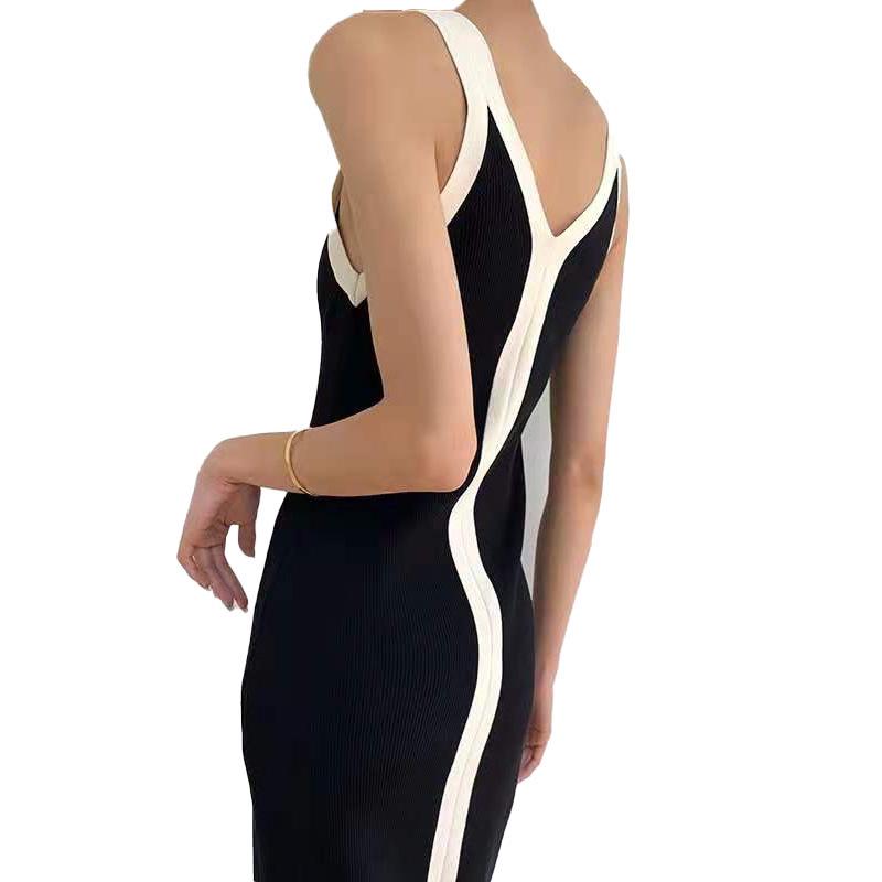 Color Block Wool V-Neck Spaghetti Strap Knit Dress with Slit