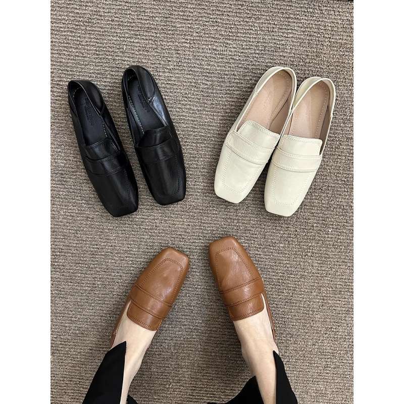 Square Head Beanie Shoes Women's French Retro Gentle Flat-bottomed Casual Single Shoes Soft Leather Soft Sole One Pedal Loafer Small Leather Shoes