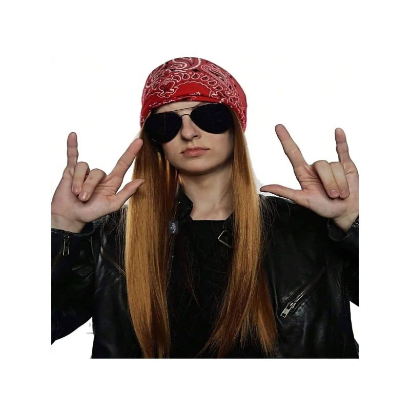 7 Pcs 70s 80s Rocker Costume Heavy Metal Wig Men Women Hippie Wig with Bandana Sunglasses Punk Gloves Tattoo Sleeves for 80s Pun