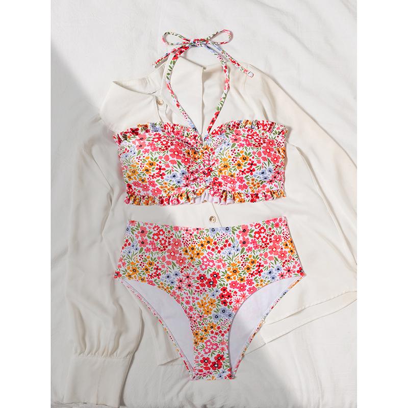 Solid Color 2 Piece Swimsuit Sexy Ruffle Strapless Backless Bikini Set Beach Vacation High Waist Swimwear Bathing Suit