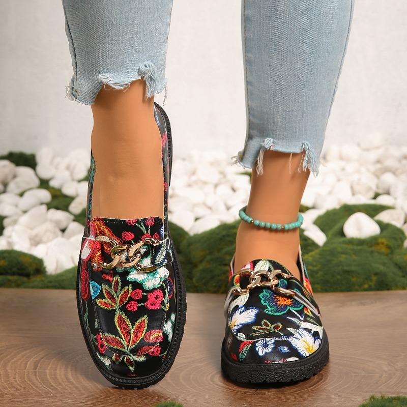 Fashion Block Heel Printed Single Shoes Autumn New Round Toe Deep Mouth Metal Chain Platform Non-slip Wear-resistant Pumps