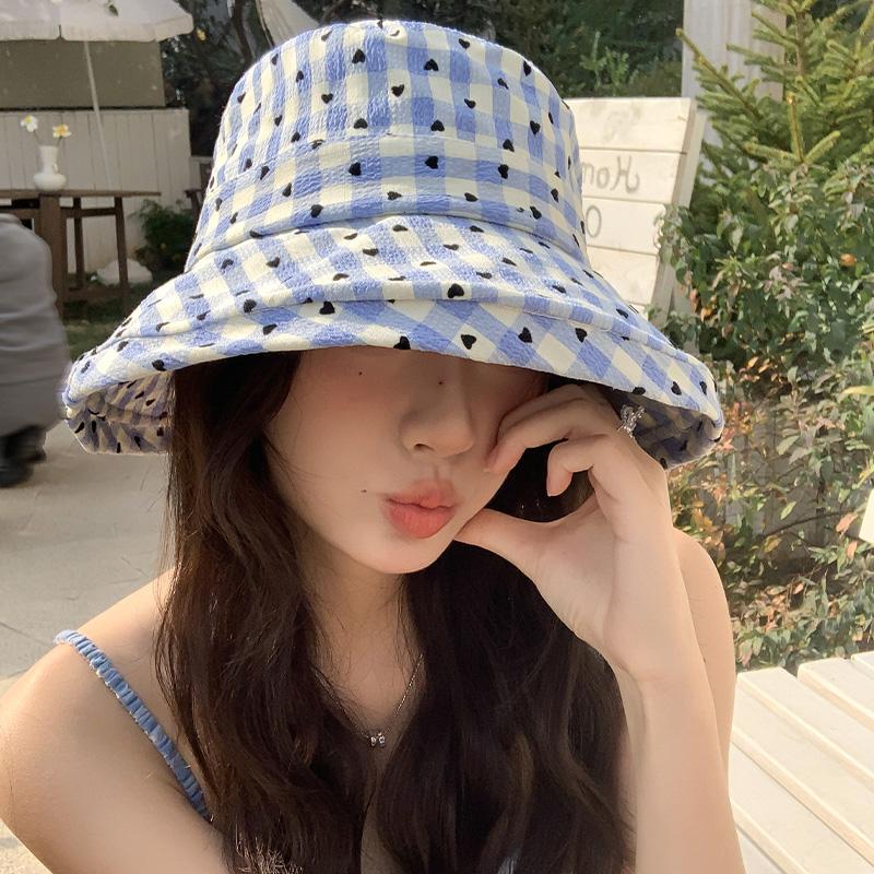 Love plaid bucket hat women's spring summer versatile washbasin hat big brim sunshade sunscreen hat tide