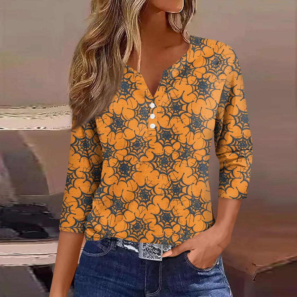 Damesmode Casual Halloween Print V-hals Korte Mouw Decoratieve Knop Driekwart Mouw T-shirt Top