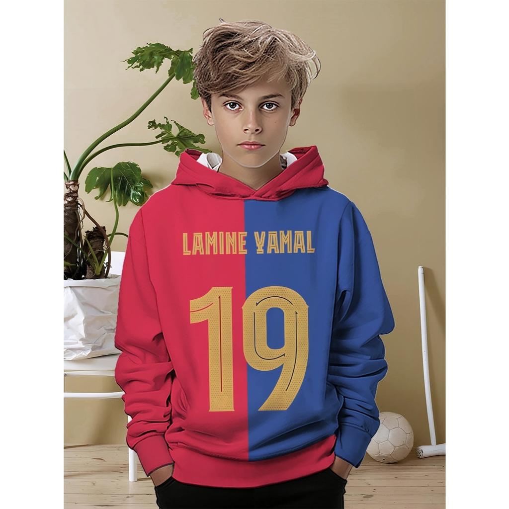 Boys' Football Hoodie, Red and Blue Color Blocked Pullover Sweatshirt, Soft Sports Jacket for Football Players and Fans