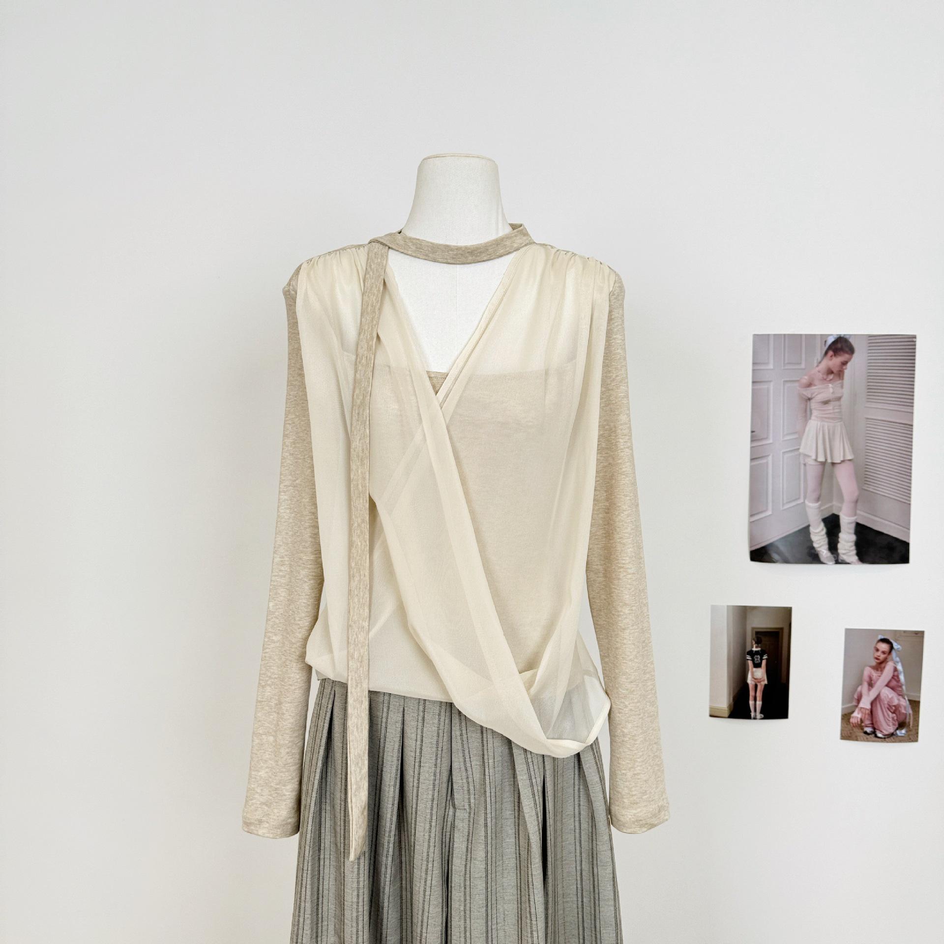 Oat-Colored Mesh Spliced Knit Sweater - Fake Two-Piece, Loose Fit for Spring/Summer Medium