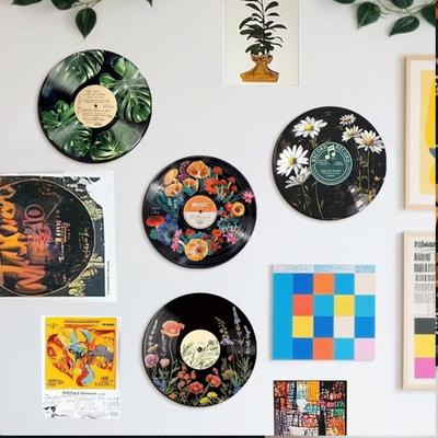 Yousheng 4 Pcs Wooden Record Wall Art, Vintage Floral Slice Vinyl Record Replica Wall Decor for Living Room, Bedroom, Office, Gift for Friends, Music