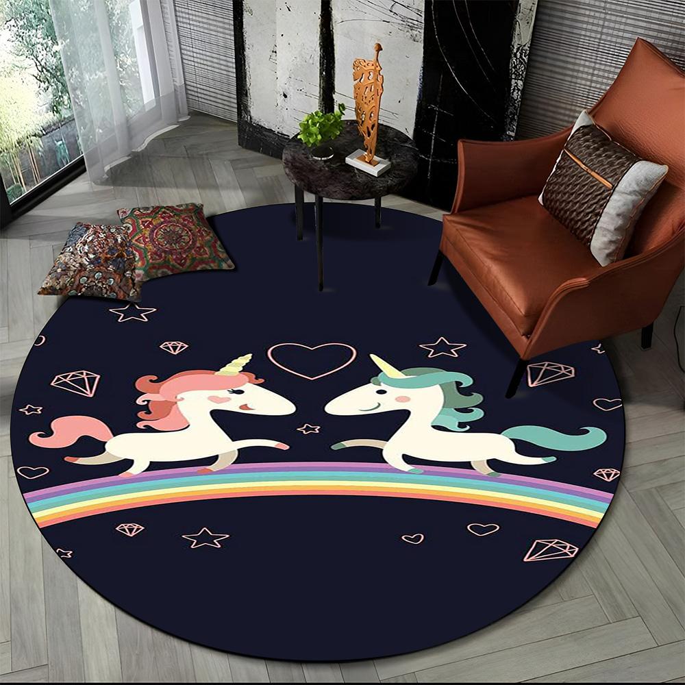 Unicorn Cartoon Animal Round Carpet Rug for Living Room Children's Bedroom Sofa Decor,Kid Paly Game Area Rug Non-slip Floor Mat