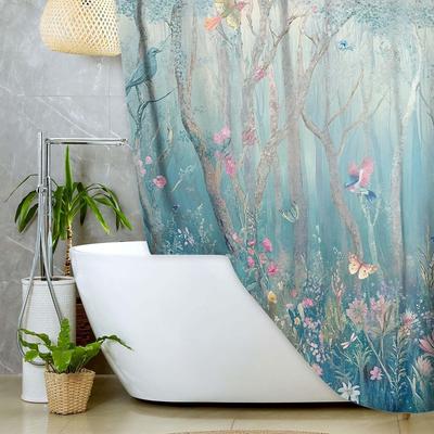 Rideau de Douche Forêt Enchantée, Jungle Vibrante de Conte de Fées avec Arbre Oiseau Fleurs Plante Tissu Rideaux de Noël pour